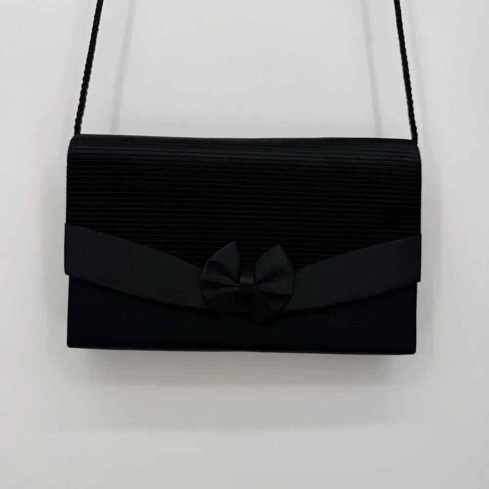 La Regale Black Satin Bow Crossbody Bag Purse Evening Formal Classic Timeless